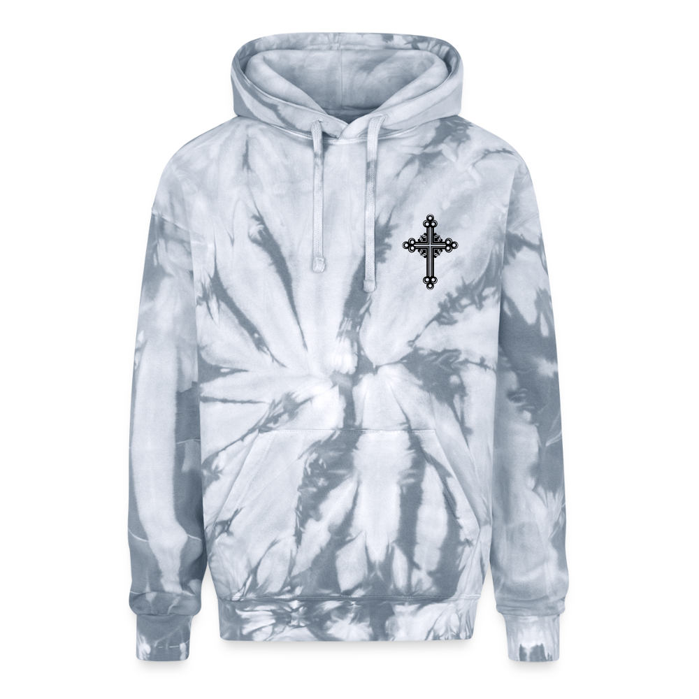 Adult Tie-Dye Hoodie – Small Black Cross Design - spider silver