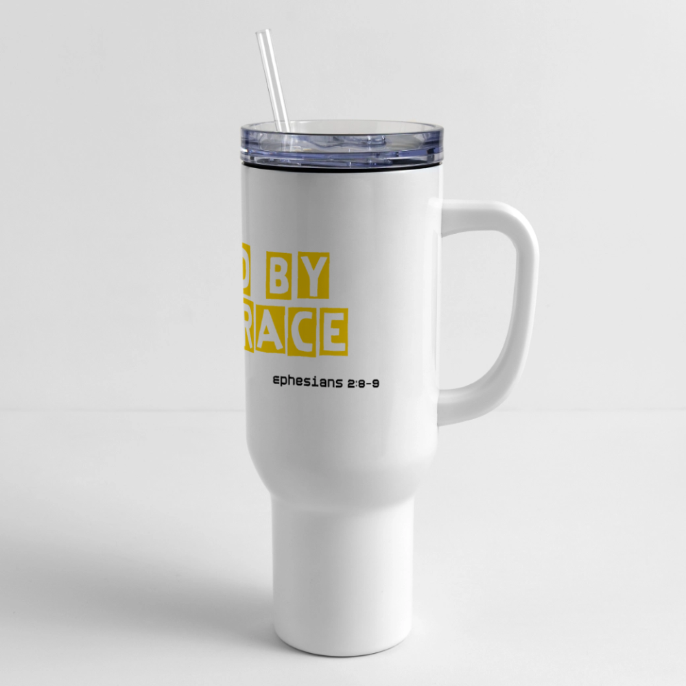40 oz Travel Tumbler – "SAVED BY HIS GRACE" - white