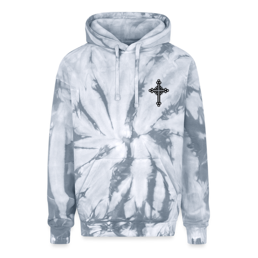 Adult Tie-Dye Hoodie – Small Black Cross Design - spider silver