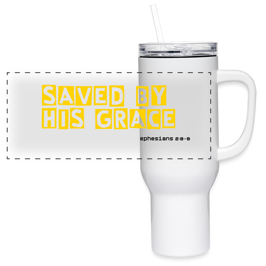 40 oz Travel Tumbler – "SAVED BY HIS GRACE" - white